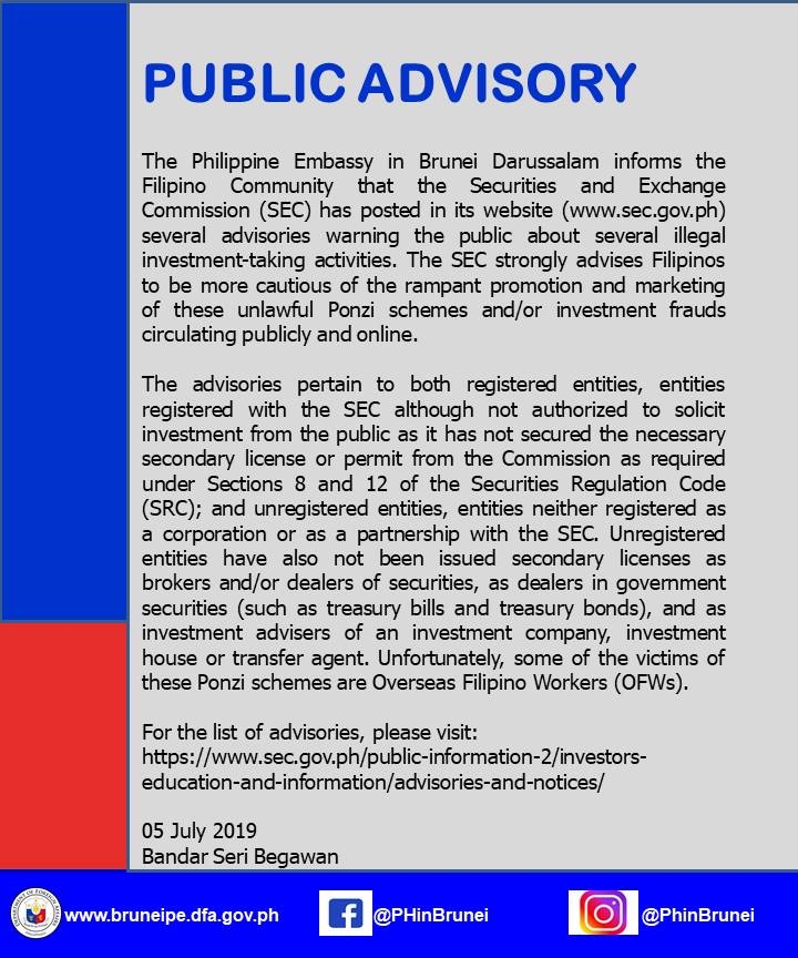 SEC Advisory on Illegal Investment