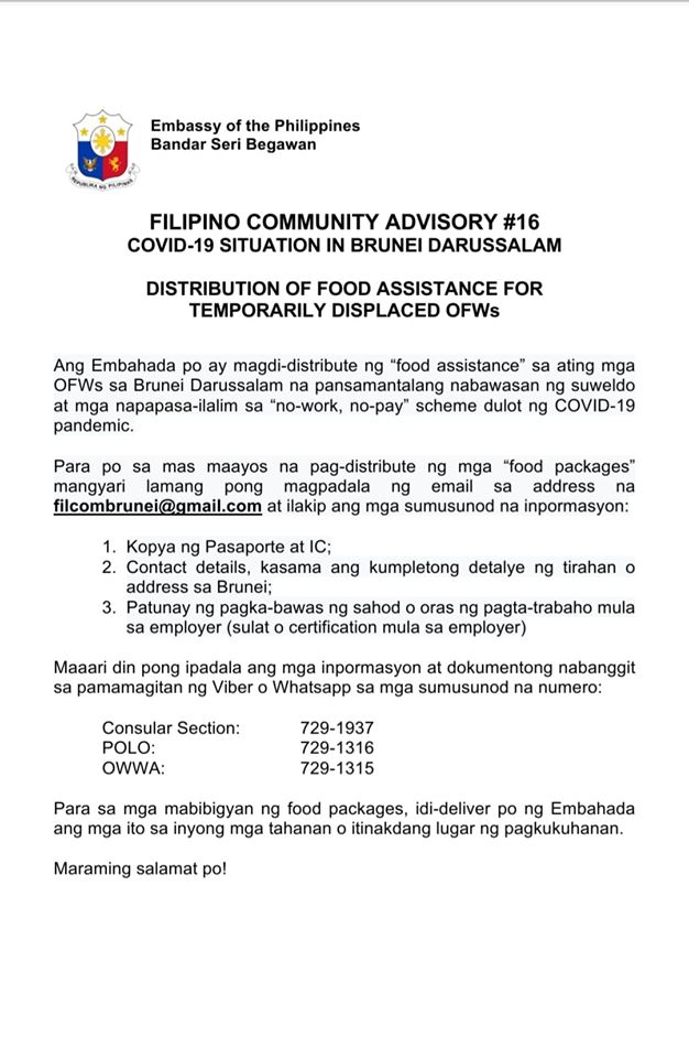 FILCOM ADVISORY 16 Food Assistance