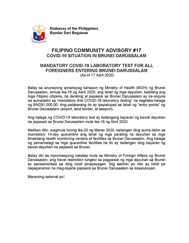 FILCOM ADVISORY 17 Mandatory Covid Test