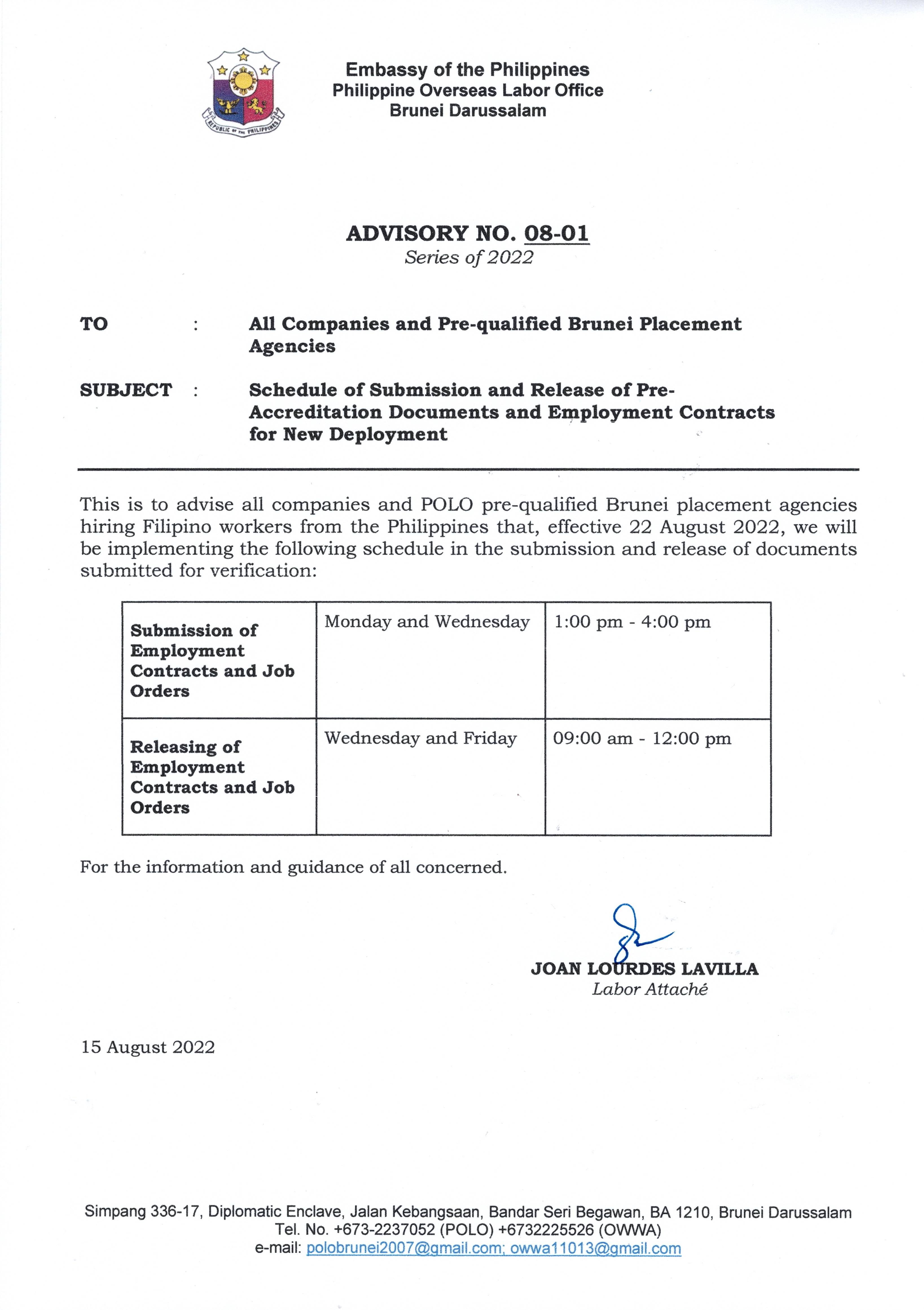 Advisory No. 08 01 s. 2022 Schedule of Submission and Release for Verification